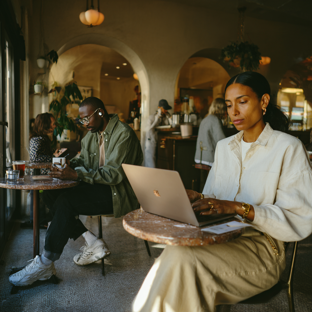 Cafe workspace with professionals