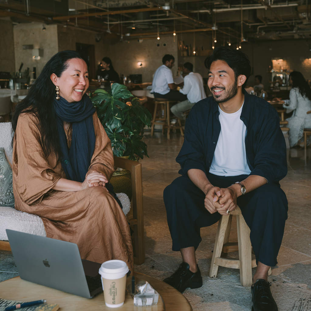 Two members chatting over coffee at a coworking café